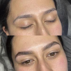 Before and after comparison of our Signature Brows service, showing a dramatic transformation.